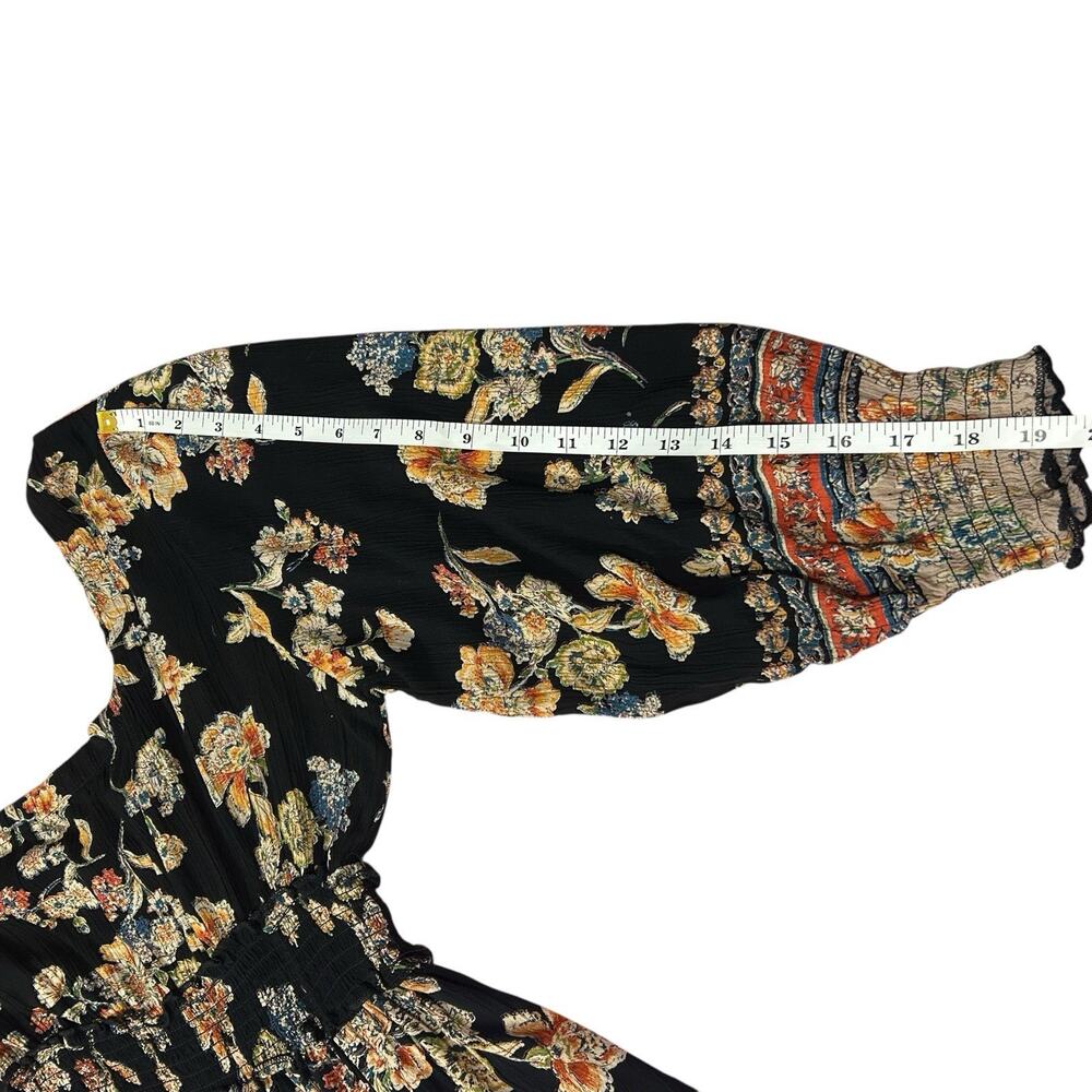 ANGIE Women’s Black Midi Dress Sz L Flowy Boho Floral High Low Smocked Slit - Picture 14 of 16